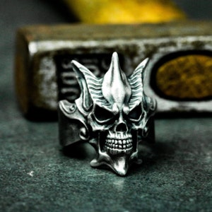 Ghost Rider Skull Silver Ring - Demon Man Skull Ring - Biker Goth Skull Ring