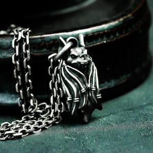 Sleeping Bat 925 Silver Pendant - Upside Down Bat Realistic Handmade Pendant - Gothic Vampire Animal Necklace Gift