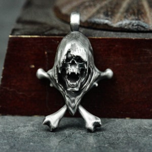 Decayed Grim Reaper Skull 925 Silver Pendant Necklace - Gothic Death Skeleton Silver Pendant - Cemetery Evil Skull