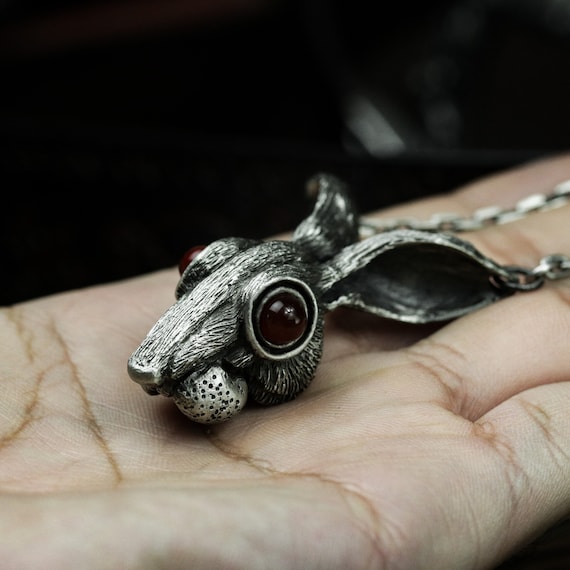 Ruby-Eyed Rabbit Pendant - Realistic Silver Bunny with Detail
