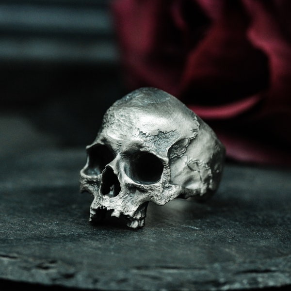 Jawless Classic Skull S925 Silver Ring - Damaged Texture Custom Skull Unisex