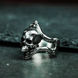 Bone Inlaid Skull Silver Ring - Gothic Style Vampire Handmade Silver Ring - Unique Skull Ring Gift