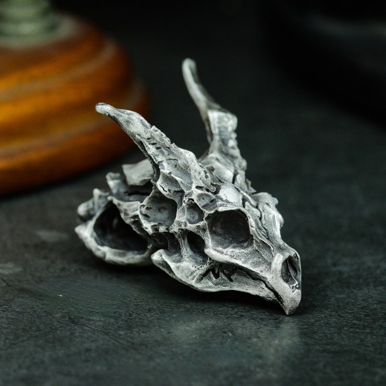 May include: A detailed silver dragon skull pendant with intricate bone-like textures. The skull is facing to the right and has a sharp, pointed snout.