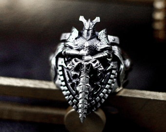 Knight’s Sword Medieval Armor 925 Silver Ring - Handcrafted Warrior Style Men’s Ring - Classic Gothic Armor and Sword Design Jewelry