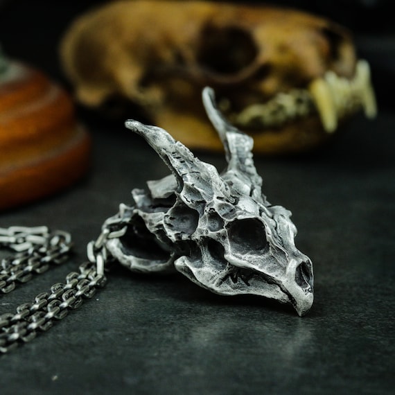 Gothic Dragon Skull 925 Sterling Silver Pendant - Handmade