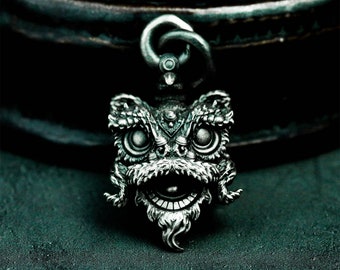 Lion Dance 925 Silver Pendant Necklace – Traditional Chinese Lion Head Men’s Handmade Pendant – Unique Cultural Totem Jewelry Gift