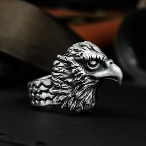 Eagle silver ring - Eagle head men&#39;s ring - Handmade animal silver bird ring