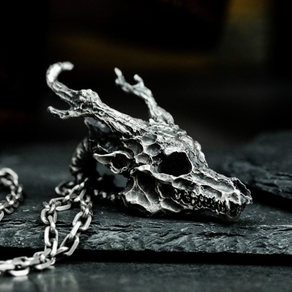 Decayed Dragon Skull Pendant: Handmade 925 Silver Gothic Necklace