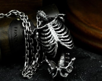 Human Skeleton 925 Silver Pendant – Detailed Bone Structure Necklace – Handmade Macabre Gothic Statement Jewelry