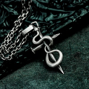 Op de afbeelding: Een zilveren ketting met een hanger met een slang die om een spijker is gewikkeld. De hanger ligt op een donkergroene stoffen achtergrond.
