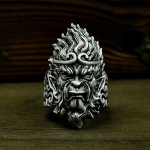 Black Myth Wukong - Journey to the West Monkey Chinese Mythology Silver Ring - Unique Handmade Monkey King Ring Gift