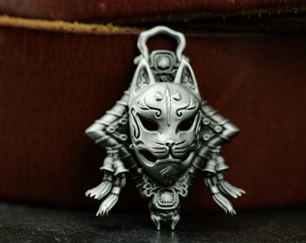 Japanese Fox Mask Silver Pendant Necklace - Inari Amulet Jewelry