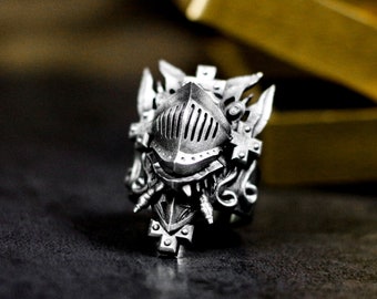 Medieval Knight Helmet Ring: Handmade 925 Sterling Silver Armor