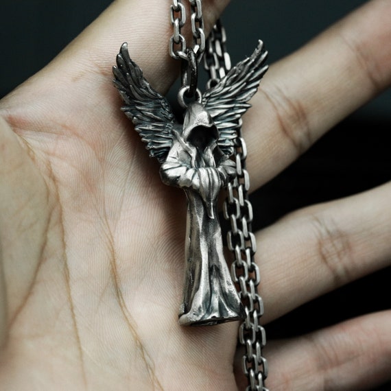 Lucifer Fallen Angel Pendant - Robed Winged Statue Silver Pendant
