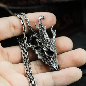 May include: A silver chain necklace with a detailed skull pendant featuring horns. The skull has a textured surface and a dark, hollow eye socket.