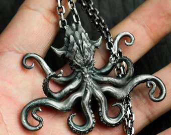 May include: A silver octopus pendant necklace with a detailed, textured design. The octopus has eight tentacles and is hanging from a silver chain.
