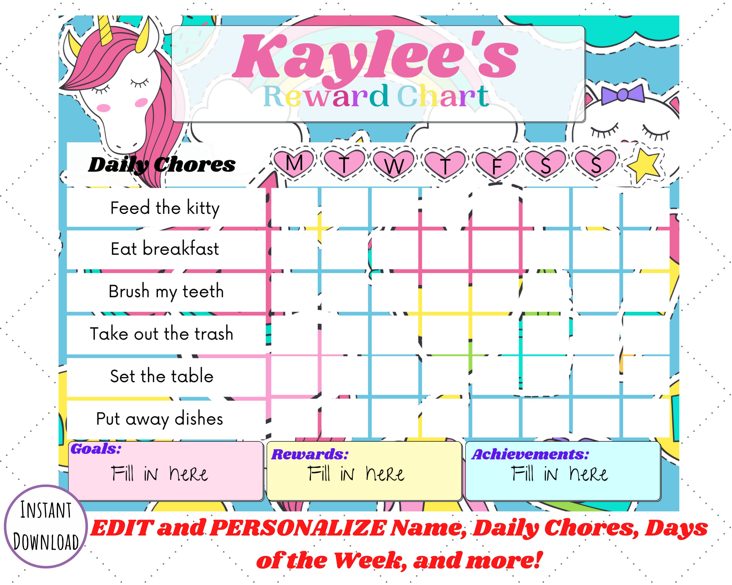 Unicorn Sticker Chore Chart for Kids Unicorn Printable Chore - Etsy