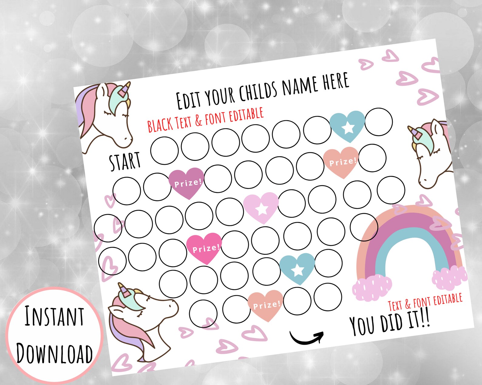 printable unicorn reward chart rainbows and hearts potty etsy