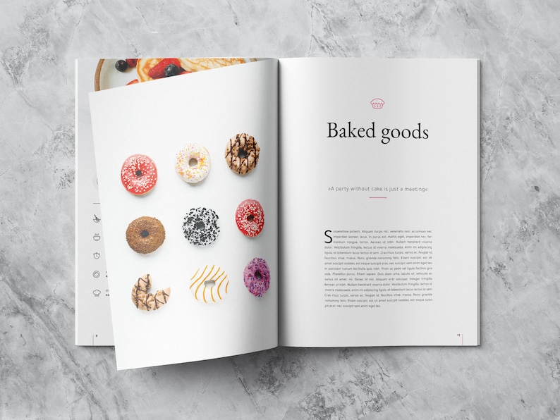 This mockup shows a spread of the food category "Baked goods" with a picture of 9 donuts as well as an introduction text and a tasty quotation.