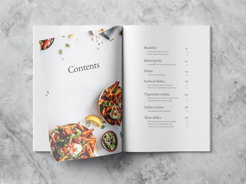 Open spread mockup showing the contents of the cookbook template with a nice fresh picture of vegetables in a bowl