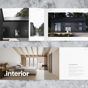 This mockup of a landscape portfolio design template shows two spreads with 3d rendered images of exterior and interior designs and detailed project description.