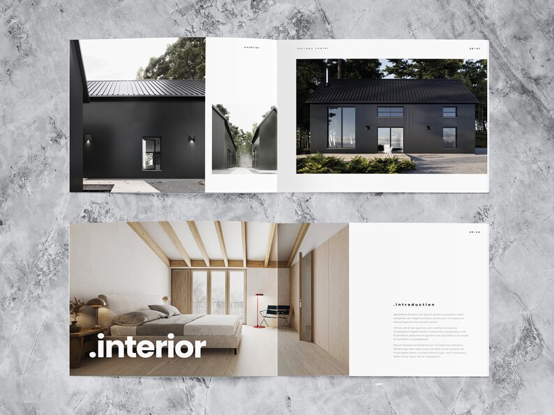This mockup of a landscape portfolio design template shows two spreads with 3d rendered images of exterior and interior designs and detailed project description.