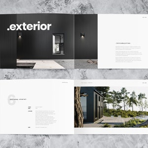 This mockup of a landscape portfolio design template shows two spreads with 3d rendered images of exterior designs and detailed project description.