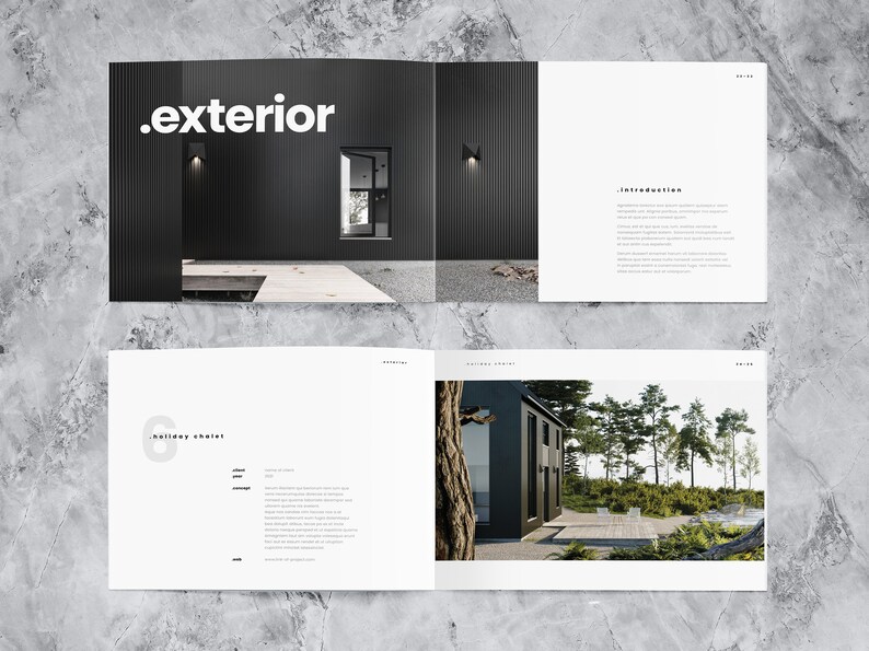 This mockup of a landscape portfolio design template shows two spreads with 3d rendered images of exterior designs and detailed project description.