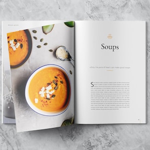 This mockup of a spread shows the food category "Soups" with a picture of a tasty pumpkin soup in a white bowl, introduction text and a handy quotation.