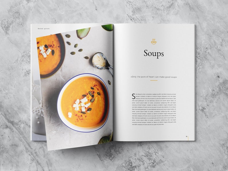 This mockup of a spread shows the food category "Soups" with a picture of a tasty pumpkin soup in a white bowl, introduction text and a handy quotation.