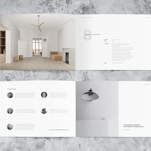This mockup of a landscape portfolio design template shows two spreads. On the top is project number 8 with a picture of a living room and detailled information. On the bottom are reviews from clients and a nice quotation.