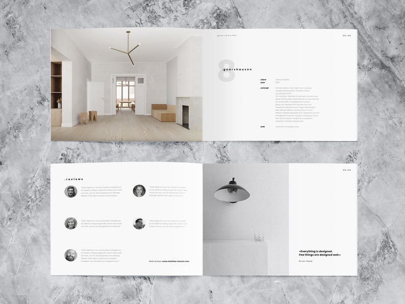 This mockup of a landscape portfolio design template shows two spreads. On the top is project number 8 with a picture of a living room and detailled information. On the bottom are reviews from clients and a nice quotation.