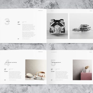 This mockup of a landscape portfolio design template shows two spreads with 3d rendered pictures of an engine and interior design elements, as well as project description and details.