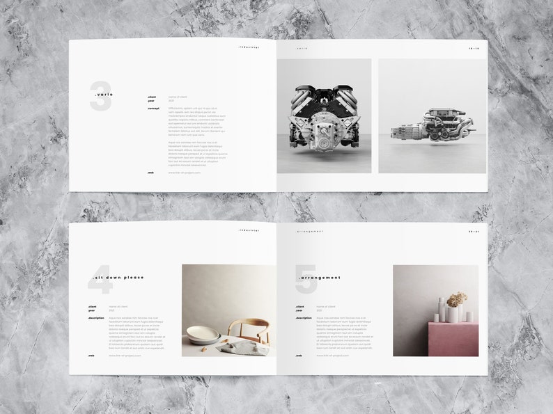 This mockup of a landscape portfolio design template shows two spreads with 3d rendered pictures of an engine and interior design elements, as well as project description and details.