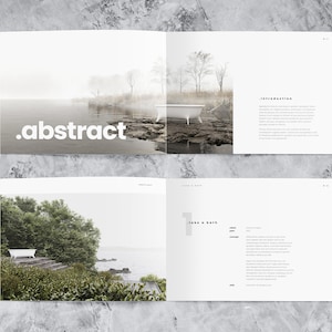 This mockup of a landscape portfolio design template shows two spreads, one with the category "abstract" and the second with a project called "take a bath". Detailed project information and two nice 3d rendered pictures included.