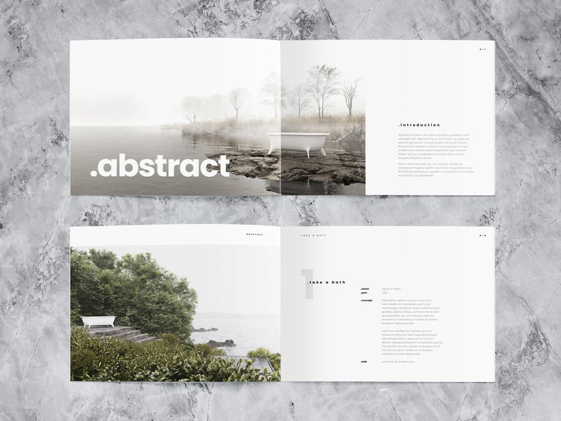 This mockup of a landscape portfolio design template shows two spreads, one with the category "abstract" and the second with a project called "take a bath". Detailed project information and two nice 3d rendered pictures included.