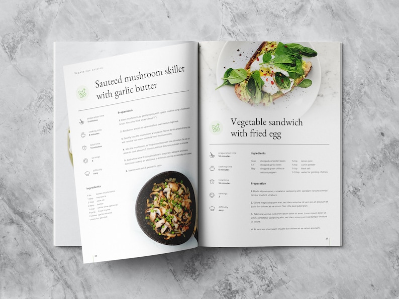 This mockup of a spread shows two delicious recipes of vegetarian dishes. Icons, preparation and ingredients are included.