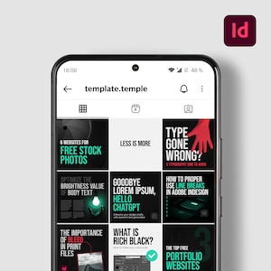 May include: A screenshot of a mobile phone displaying a social media app with a grid of nine colorful squares. Each square contains a different design tip for graphic designers, including "6 Websites for Free Stock Photos", "Type Gone Wrong?", "Goodbye Lorem Ipsum, Hello ChatGPT", "What is Rich Black?", and "The Top 3 Free Portfolio Websites".