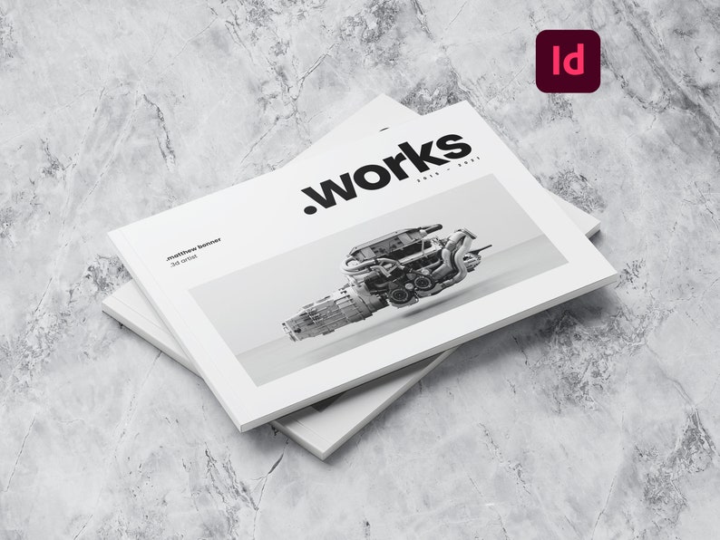 This mockup of a landscape portfolio design  template shows two stacked cover pages of the template. The cover shows the headline works, a time period and the designers name as well as a futuristic rendered machine.