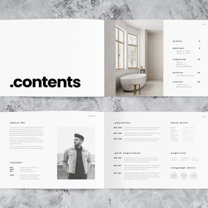 This mockup of a landscape portfolio design  template shows two double pages with contents and detailled, well designed information about the author. Two placeholders of pictures are included.