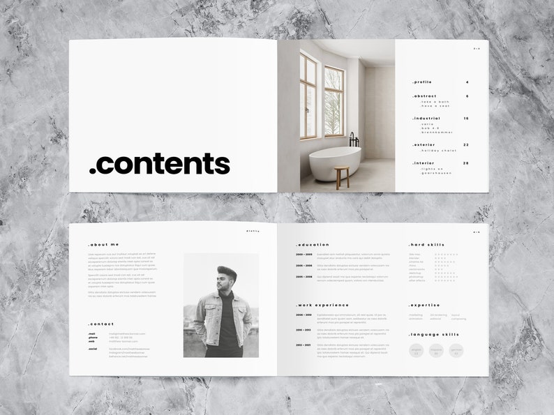 This mockup of a landscape portfolio design  template shows two double pages with contents and detailled, well designed information about the author. Two placeholders of pictures are included.