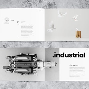This mockup of a landscape portfolio design template shows two spreads, one with the category "industrial" and the second with a project called "take a seat". Detailed project information and two 3d-rendered pictures included.