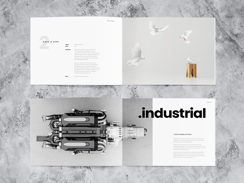 This mockup of a landscape portfolio design template shows two spreads, one with the category "industrial" and the second with a project called "take a seat". Detailed project information and two 3d-rendered pictures included.
