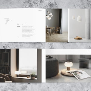 This mockup of a landscape portfolio design template shows two spreads with 3d rendered images of interior designs and detailed project description.