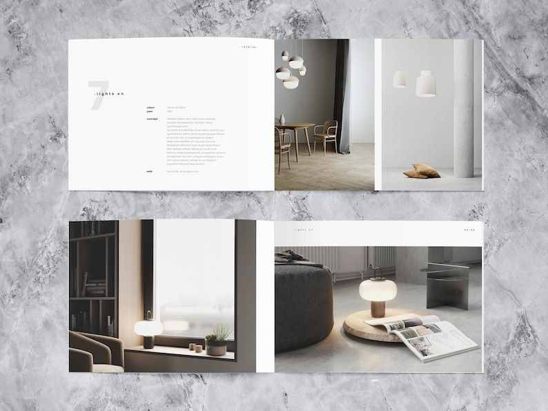 This mockup of a landscape portfolio design template shows two spreads with 3d rendered images of interior designs and detailed project description.
