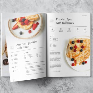 Open spread mockup showing two delicious recipes of American pancakes and french crepes, including preparation and ingredients.