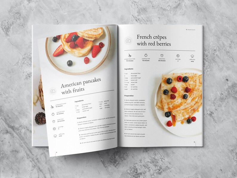 Open spread mockup showing two delicious recipes of American pancakes and french crepes, including preparation and ingredients.