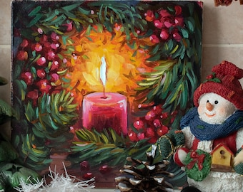 海外アーティスト 油絵 クリスマスSALE クリスマスキャンドルの油絵：赤いベリーと松のリース、8x8 印象派