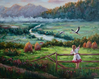 Ukrainische Landschaft mit Bergen und Störchen - Kundenbestellung Ölgemälde - ethnische ukrainische Kunst für Geschenk