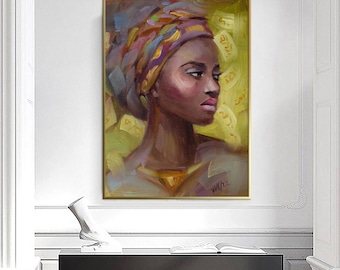 Arte abstracto de mujer negra - Pintura al óleo grande vertical - Decoración de pared ética - Arte de lienzo contemporáneo